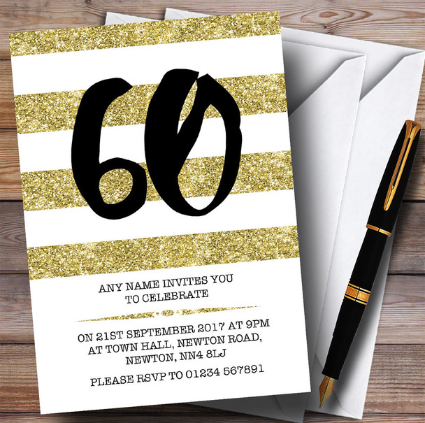 Glitter Gold & White Striped 60th Personalised Birthday Party Invitations