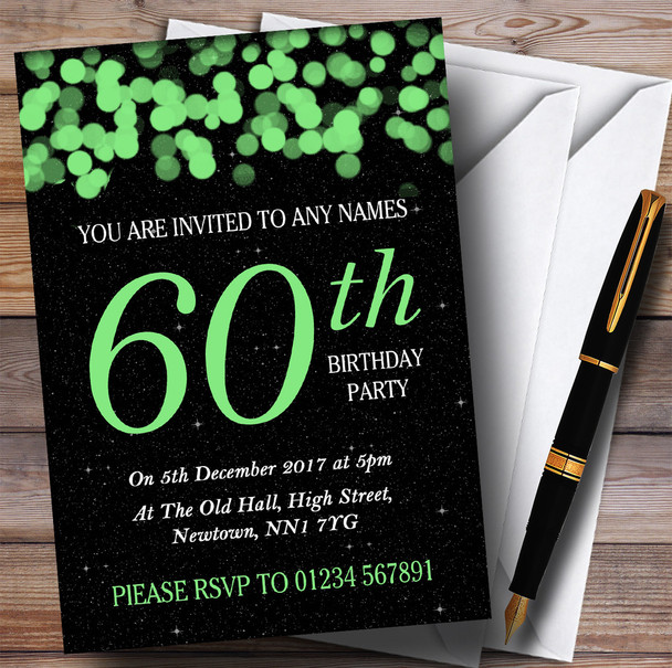 Green Bokeh and Stars 60th Personalised Birthday Party Invitations