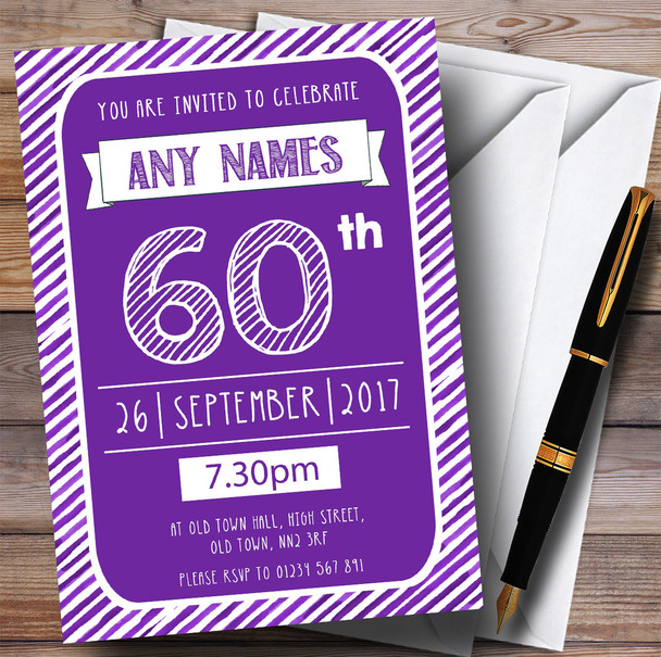 Purple & White Stripy Deco 60th Personalised Birthday Party Invitations