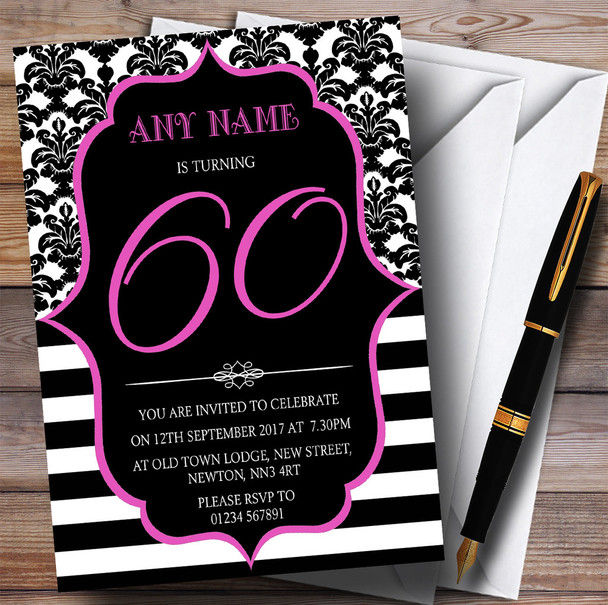 Vintage Damask Pink 60th Personalised Birthday Party Invitations