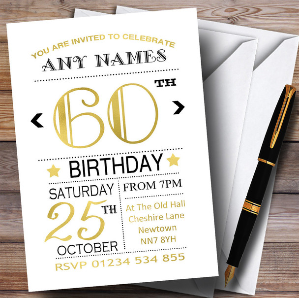 White Black and Gold 60th Personalised Birthday Party Invitations