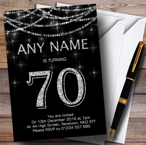 Black & Silver Sparkly Garland 70th Personalised Birthday Party Invitations