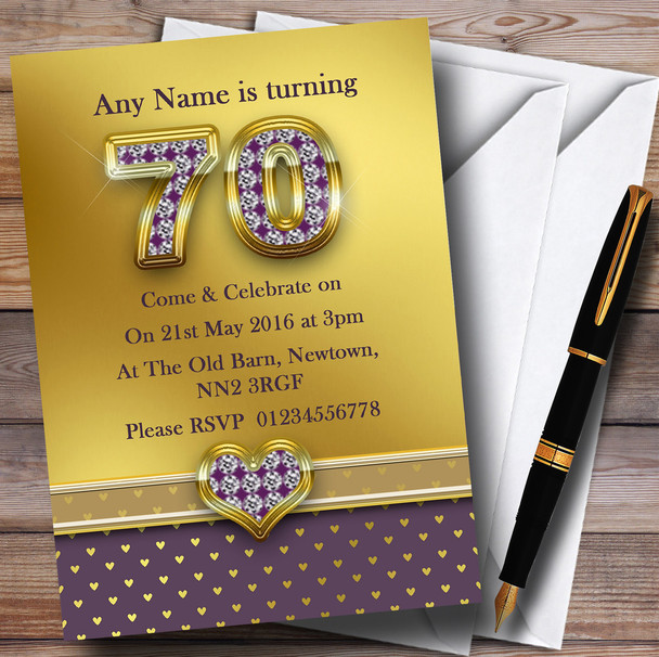 Gold Satin And Purple Hearts 70Th Personalised Birthday Party Invitations