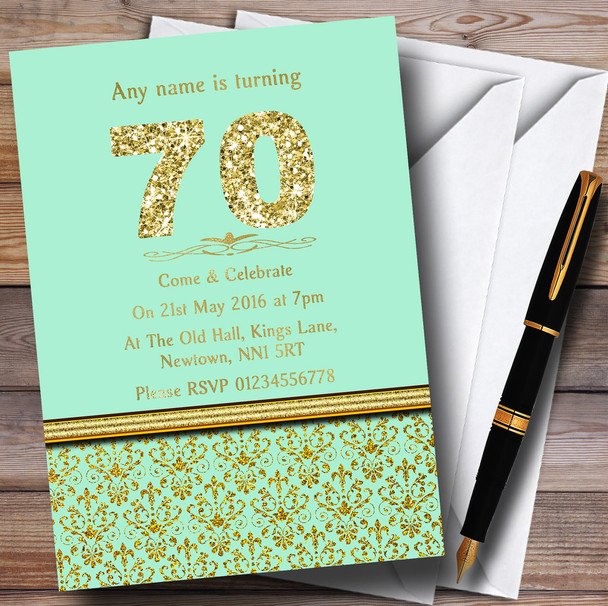 Mint Green & Gold Vintage Damask 70Th Personalised Birthday Party Invitations