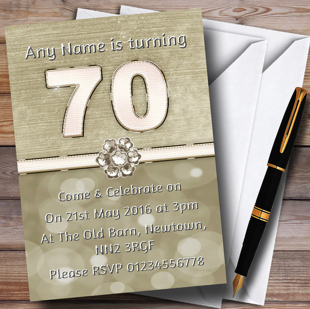 Titanium Gold And White 70Th Personalised Birthday Party Invitations