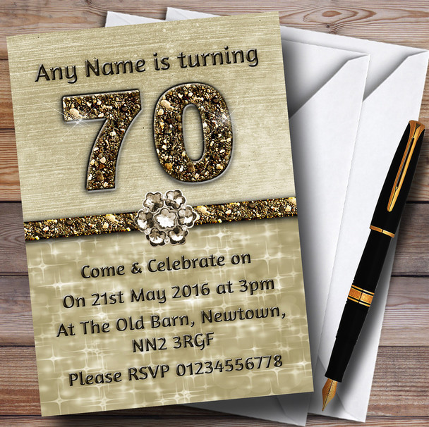 Titanium Gold Sparkly 70Th Personalised Birthday Party Invitations