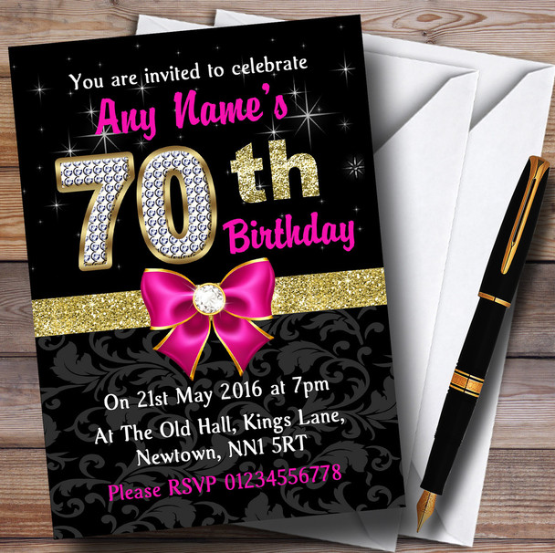 Pink Black Gold Diamond 70Th Birthday Party Personalised Invitations