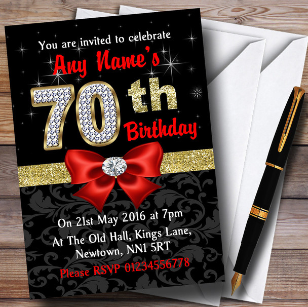 Red Black Gold Diamond 70Th Birthday Party Personalised Invitations