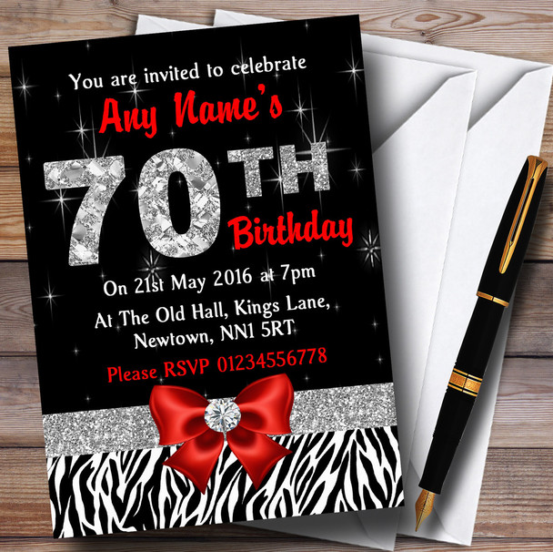 Red Diamond And Zebra Print 70Th Birthday Party Personalised Invitations