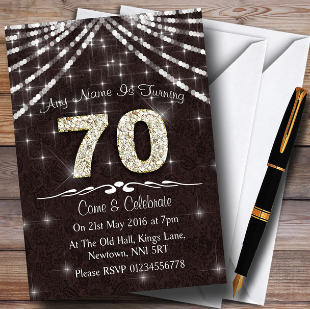 70Th  Brown & White Bling Sparkle Birthday Party Personalised Invitations