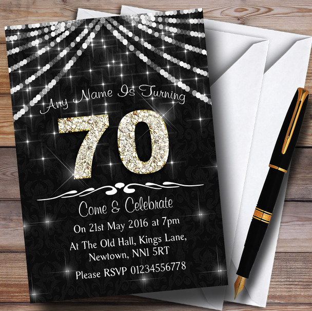 70Th Charcoal Grey & White Bling Sparkle Birthday Party Personalised Invitations