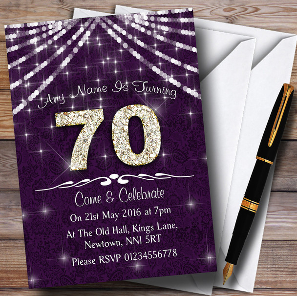 70th Purple and White Bling Sparkle Birthday Party Personalised Invitations