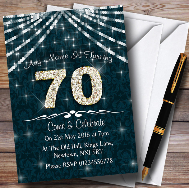 70Th Turquoise & White Bling Sparkle Birthday Party Personalised Invitations