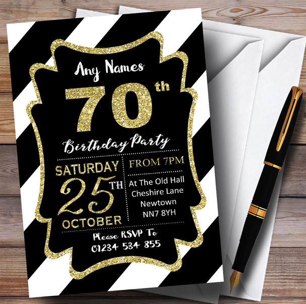 Black White Diagonal Stripes Gold 70th Personalised Birthday Party Invitations