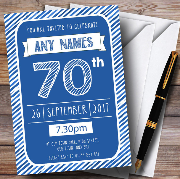 Blue & White Stripy Deco 70th Personalised Birthday Party Invitations