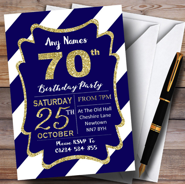 Blue White Diagonal Stripes Gold 70th Personalised Birthday Party Invitations