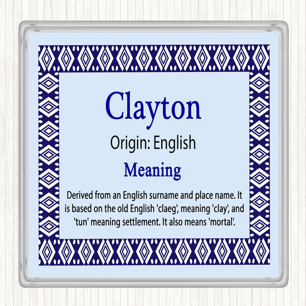 Clayton Name Meaning Drinks Mat Coaster Blue