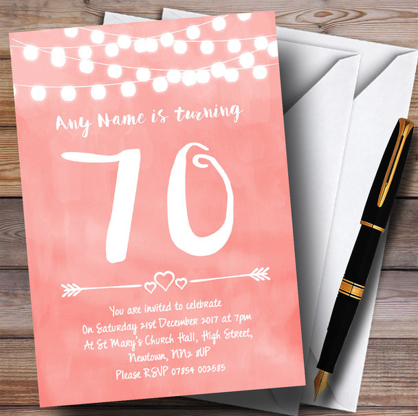 Coral Pink Lights 70th Personalised Birthday Party Invitations