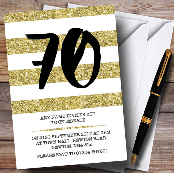 Glitter Gold & White Striped 70th Personalised Birthday Party Invitations