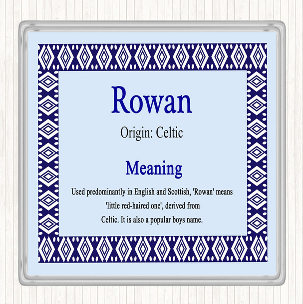 Rowan Name Meaning Drinks Mat Coaster Blue