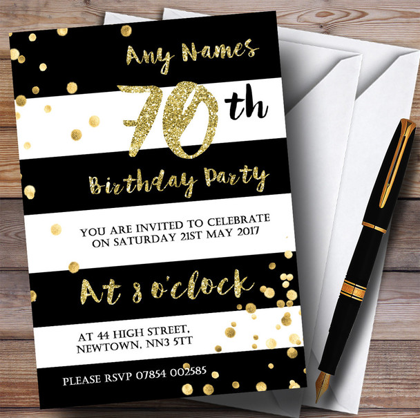 Black & White Stripy Gold Confetti 70th Personalised Birthday Party Invitations