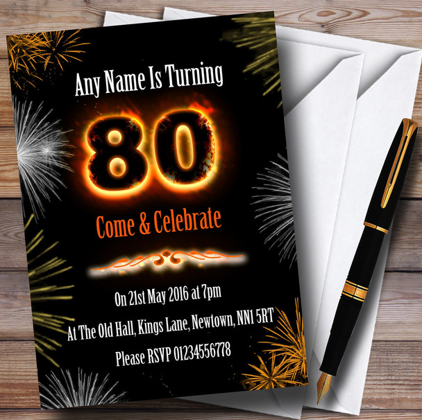 Fire And Fireworks 80Th Birthday Party Personalised Invitations