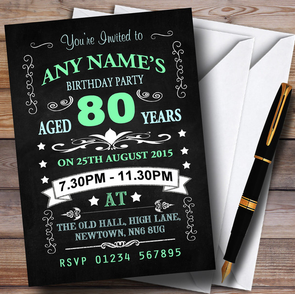Vintage Chalkboard Style Green And Blue 80th Birthday Party Personalised Invitations