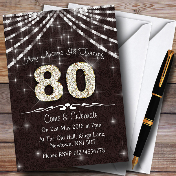 80Th  Brown & White Bling Sparkle Birthday Party Personalised Invitations