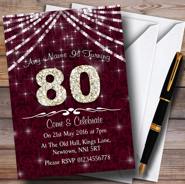 80Th Claret & White Bling Sparkle Birthday Party Personalised Invitations