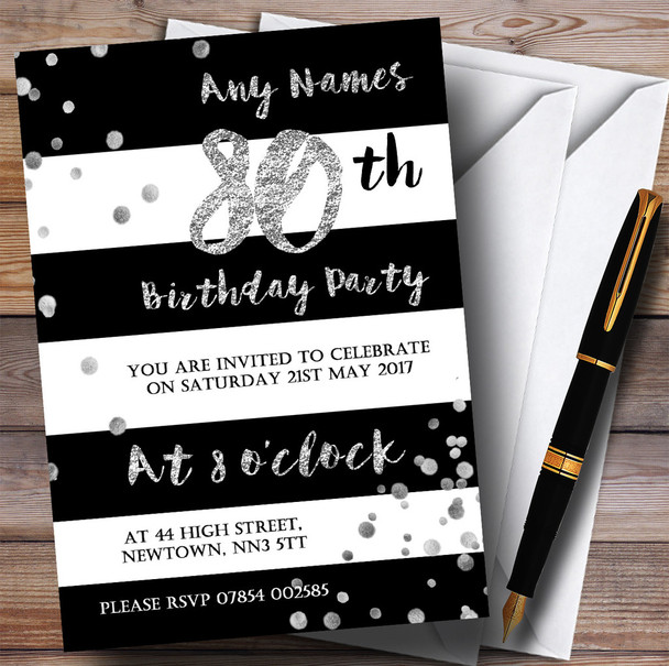 Black White Silver Confetti 80th Personalised Birthday Party Invitations