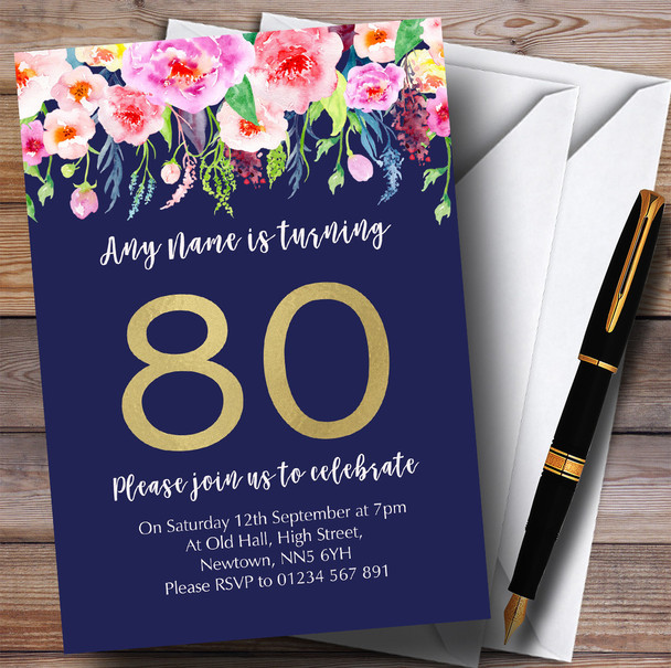 Blue & Pink Watercolour Flowers 80th Personalised Birthday Party Invitations