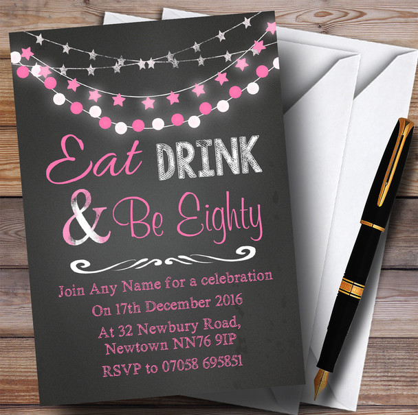 Chalk Pink Lights 80th Personalised Birthday Party Invitations