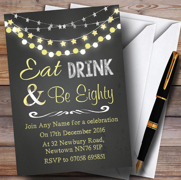 Chalk Yellow Lights 80th Personalised Birthday Party Invitations
