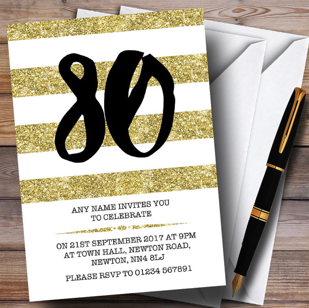 Glitter Gold & White Striped 80th Personalised Birthday Party Invitations