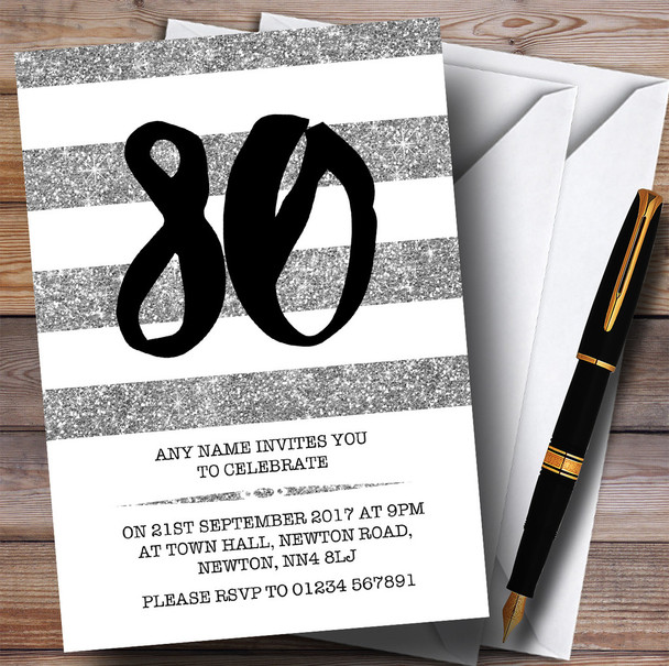 Glitter Silver & White Striped 80th Personalised Birthday Party Invitations