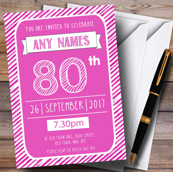 Pink & White Stripy Deco 80th Personalised Birthday Party Invitations