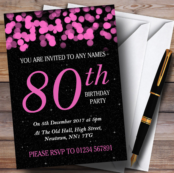 Pink Bokeh & Stars 80th Personalised Birthday Party Invitations