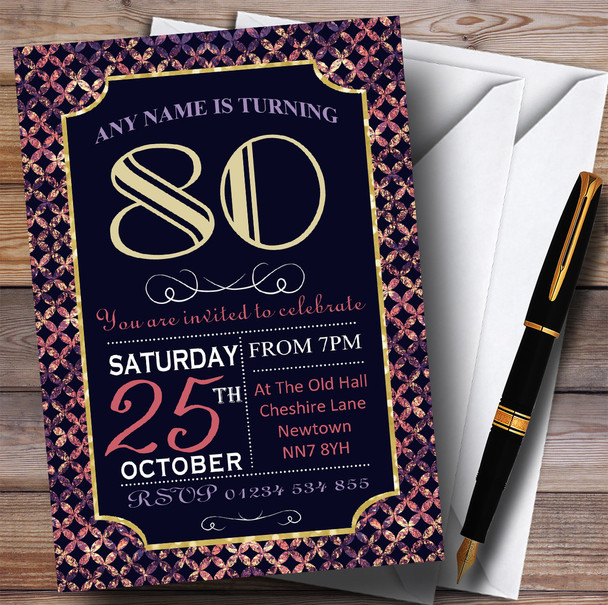 Pink Purple Glitz 80th Personalised Birthday Party Invitations