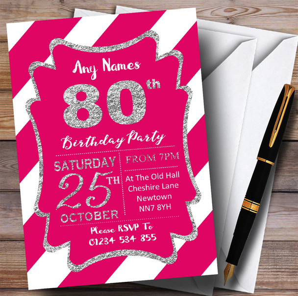 Pink White Diagonal Stripes Silver 80th Personalised Birthday Party Invitations