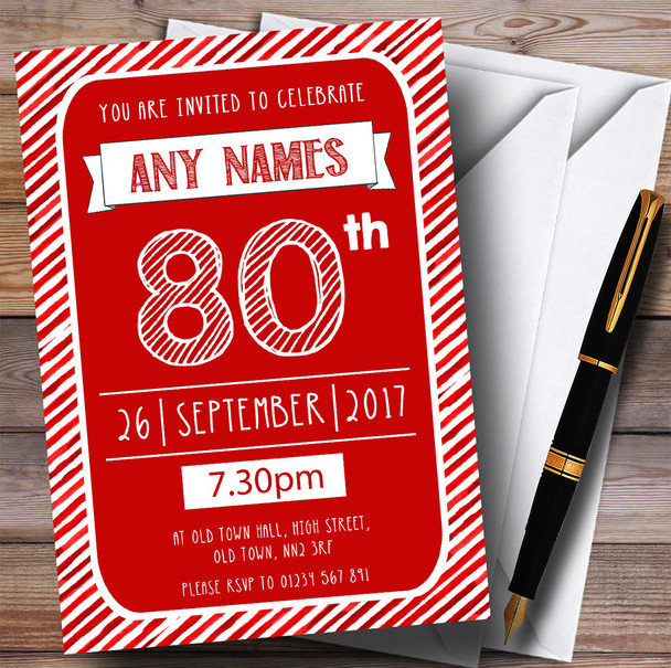 Red & White Stripy Deco 80th Personalised Birthday Party Invitations