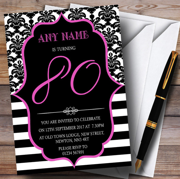 Vintage Damask Pink 80th Personalised Birthday Party Invitations