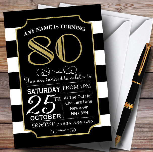 Black & White Stripy Gold 80th Personalised Birthday Party Invitations