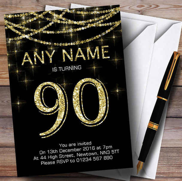 Black & Gold Sparkly Garland 90th Personalised Birthday Party Invitations