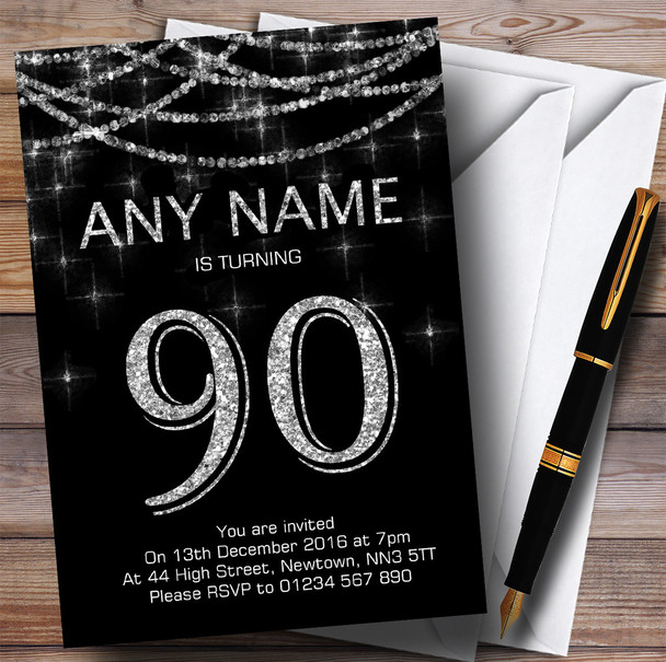 Black & Silver Sparkly Garland 90th Personalised Birthday Party Invitations