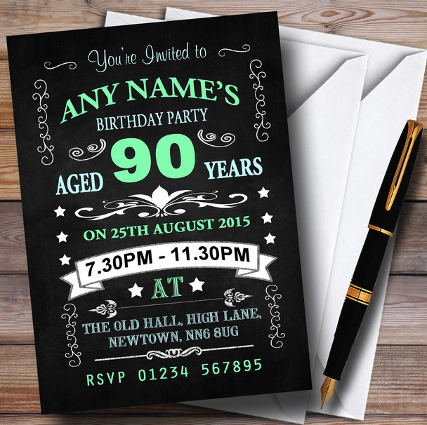 Vintage Chalkboard Style Green And Blue 90Th Birthday Party Personalised Invitations