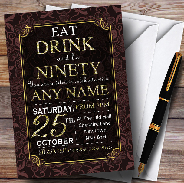 Brown & Gold Flowers 90th Personalised Birthday Party Invitations