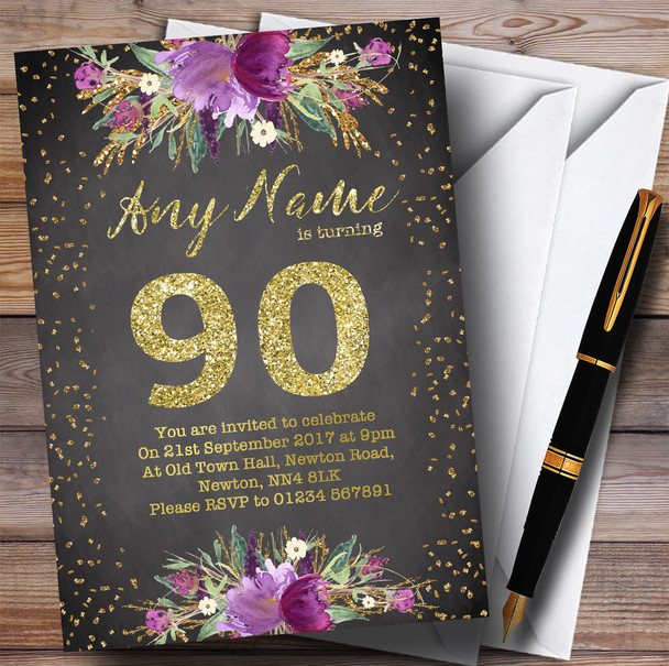 Chalk Watercolour Purple Gold 90th Personalised Birthday Party Invitations