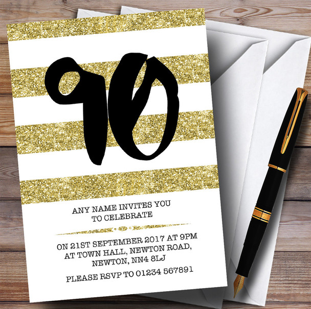 Glitter Gold & White Striped 90th Personalised Birthday Party Invitations