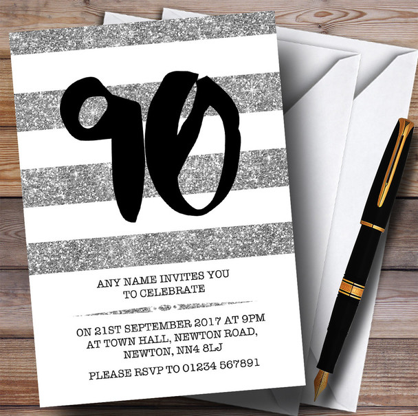 Glitter Silver & White Striped 90th Personalised Birthday Party Invitations