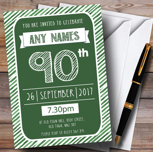 Green & White Stripy Deco 90th Personalised Birthday Party Invitations